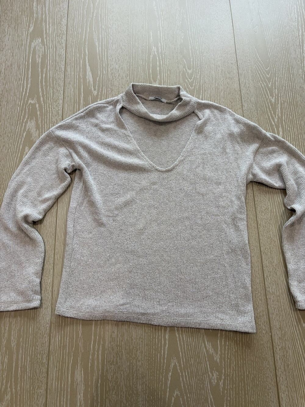 ZARA TRAFALUC Oatmeal Cotton Knit Open Cut-Out Neck Pullover Sweater Sz Small